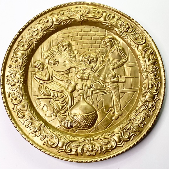 Vintage Brass Round Plate England Large Medieval